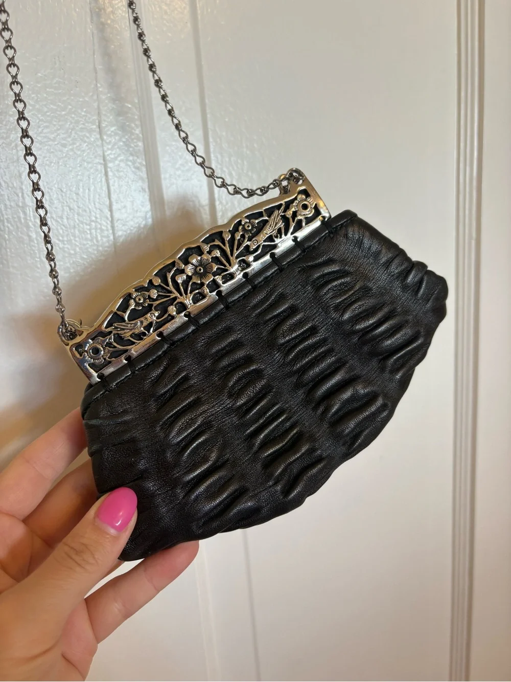 Glen Miller 90’s Leather and Metal Evening Clutch with Ornate Silver Frame